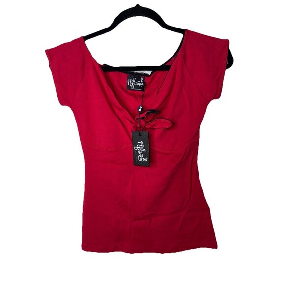 Hell Bunny Tops - Hell Bunny Short Sleeve Shirt Tie Front Red NWTS New See Descr. Rockabilly XS E